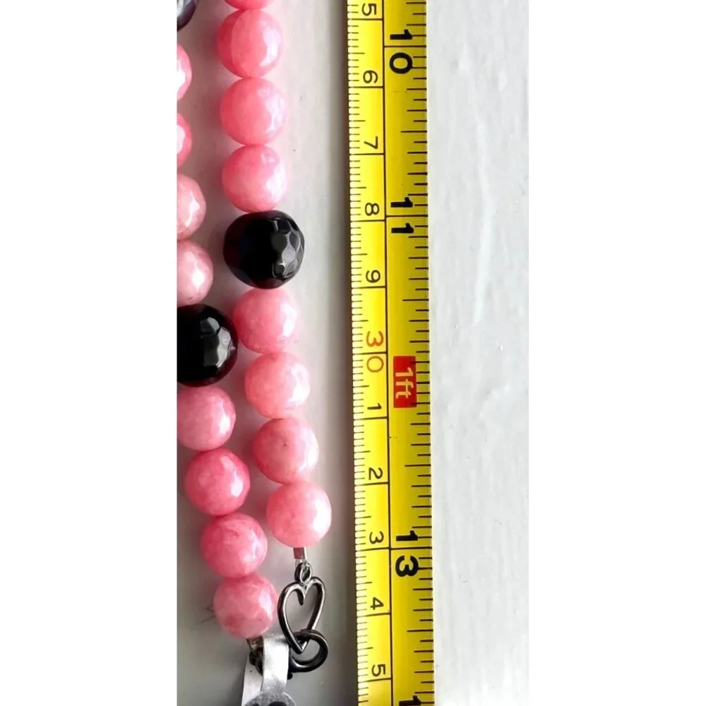 Pink & Black Beaded Necklace With Floral Cloisonné Beads & Silver Accents - Picture 5 of 7